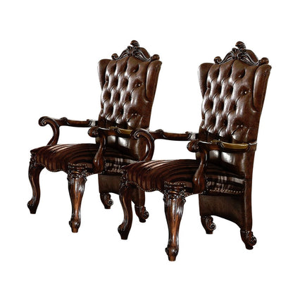 Set of Two Brown and Redwood Tufted Faux Leather Wing Back Dining Arm Chairs