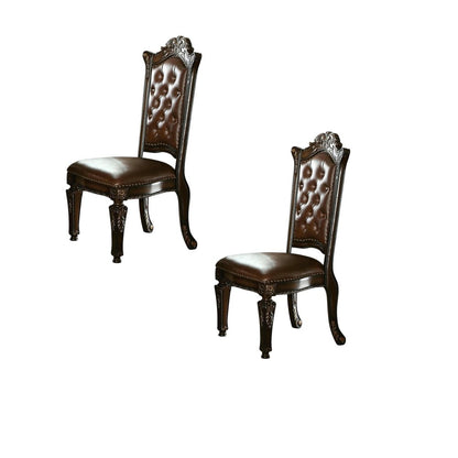 Set of Two Dark Brown and Mahogany Tufted Faux Leather Dining Side Chairs