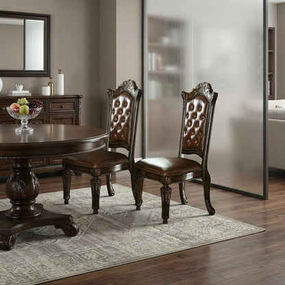 Set of Two Dark Brown and Mahogany Tufted Faux Leather Dining Side Chairs