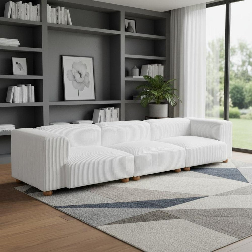 150" White Fabric Sofa