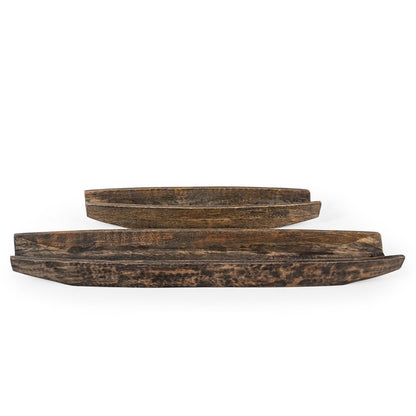 Set of Two Dark Brown Solid Wood Boat Vanity Trays
