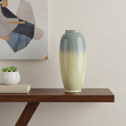 16" Blue And Cream Reactive Glaze Ceramic Cylinder Table Vase