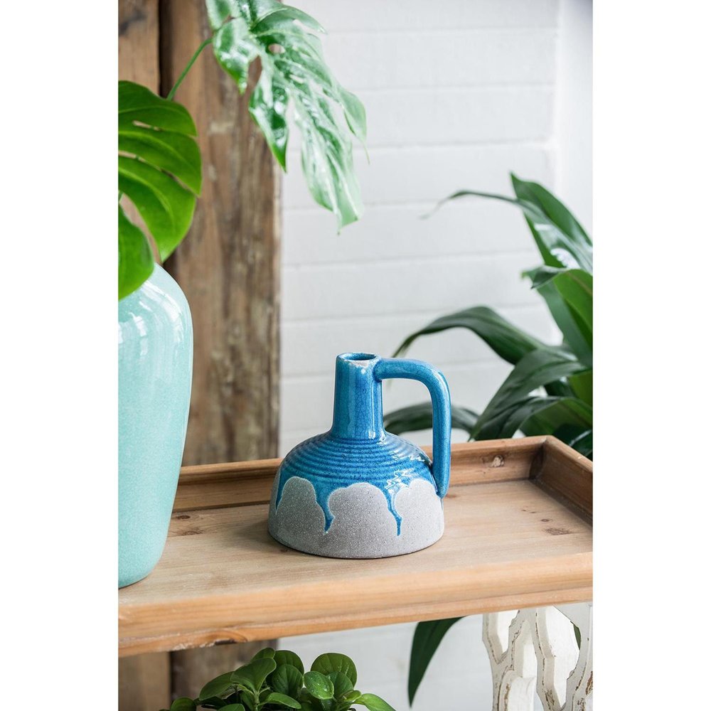 7" Blue And Gray Ceramic Urn Jug Vase