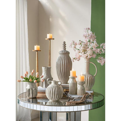 10" Sage And Gray Round With Handles Ceramic Table Vase