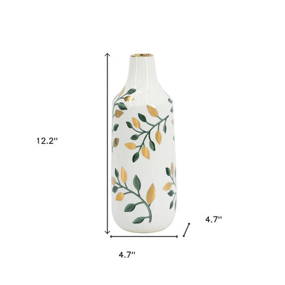 12" White Green And Gold Floral Leaf Bud Ceramic Table Vase