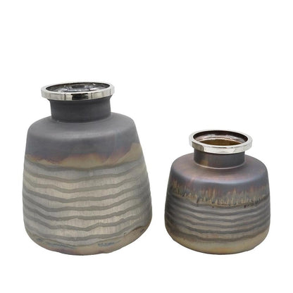Set of Two Black And Gray Abstract Glass Round Table Vases