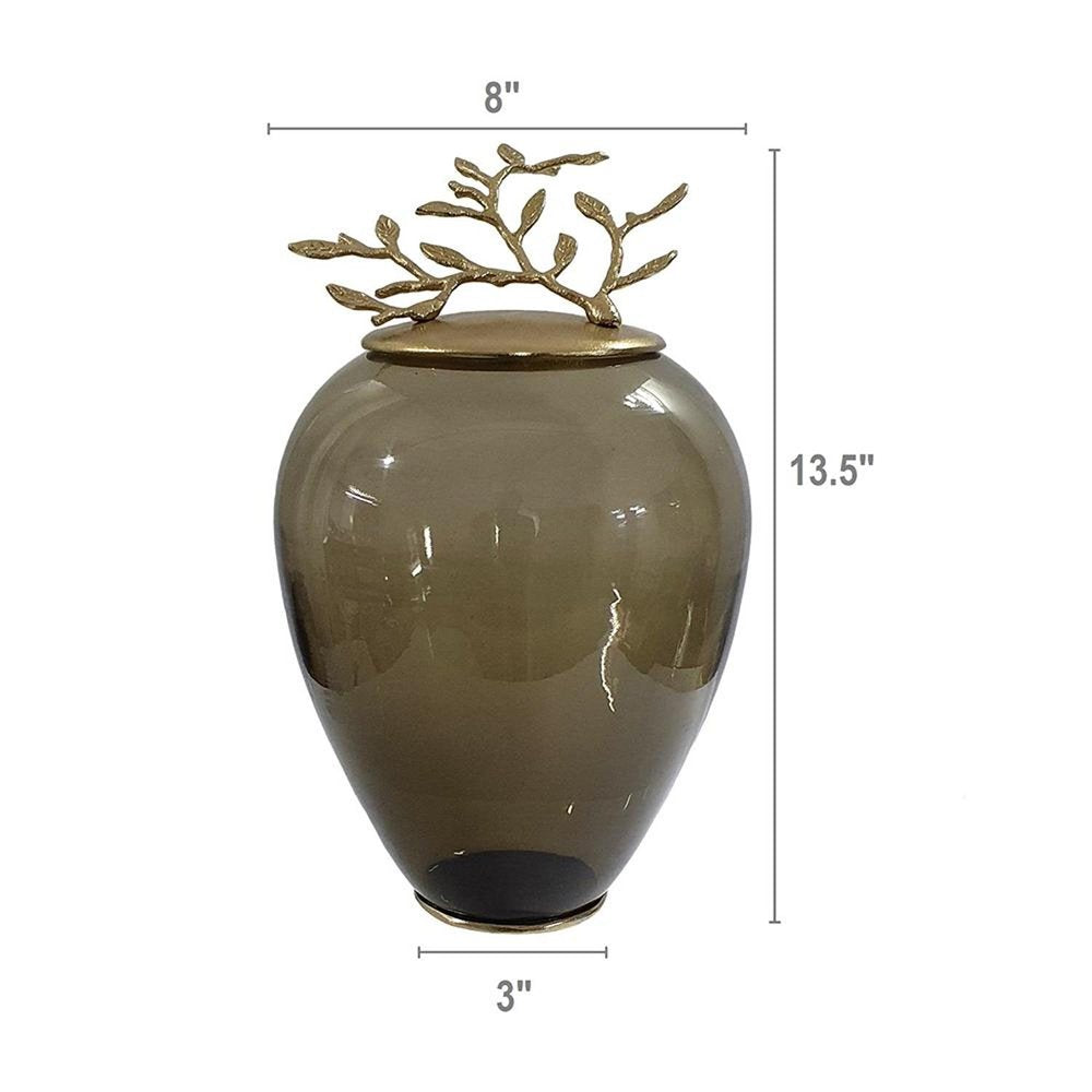 14" Dark Green And Gold Glass And Metal Round Ginger Jar