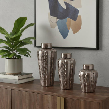 Set of Three Bronze And Silver Ceramic Urn Ginger Jars