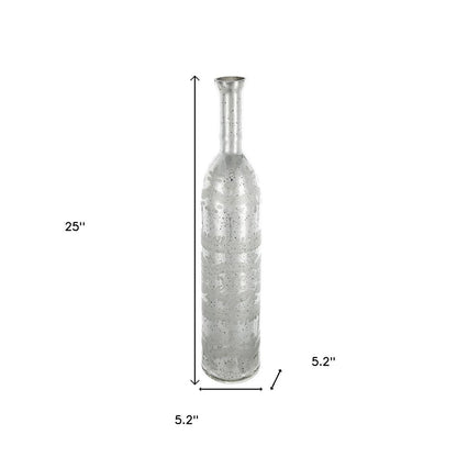 25" Antiqued Silver Floral Glass Bottle Table Vase
