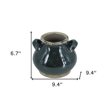7" Dark Green And Sand Terracotta Round Jug Vase