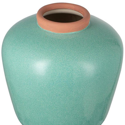 9" Natural And Teal Blue Ceramic Round Table Vase