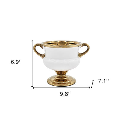 7" White And Gold Ceramic Amphora Urn