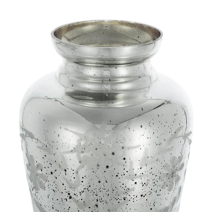 20" Antiqued Silver Etched Floral Glass Round Table Vase
