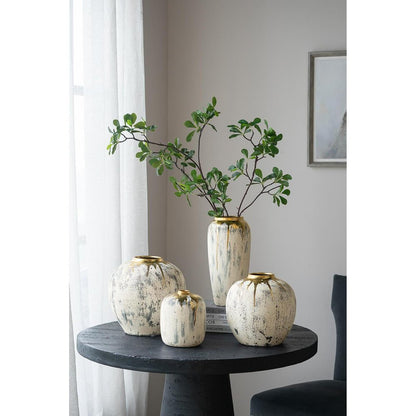 10" Ivory Gray And Gold Abstract Distressed Ceramic Round Table Vase