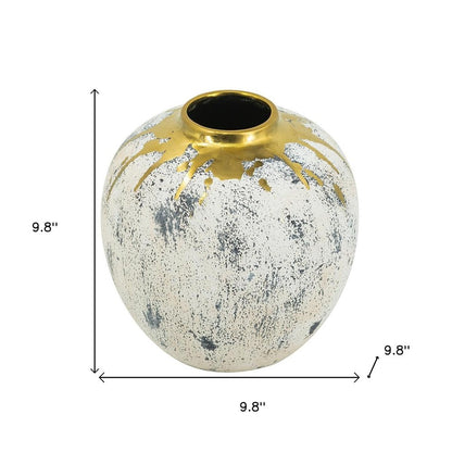 10" Ivory Gray And Gold Abstract Distressed Ceramic Round Table Vase