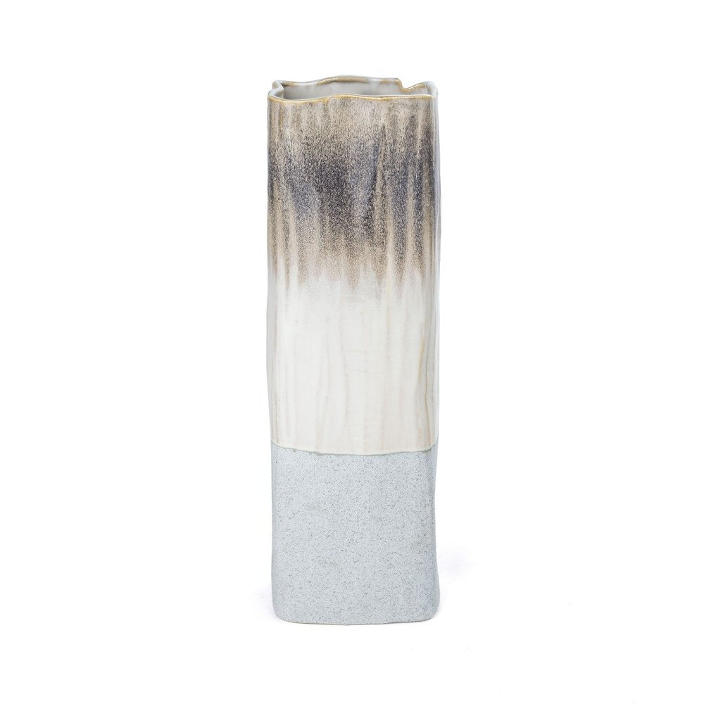 16" Brown Light Blue And Off White Color Block Square Ceramic Table Vase