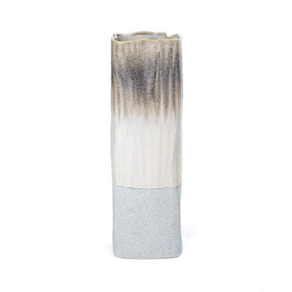 16" Brown Light Blue And Off White Color Block Square Ceramic Table Vase