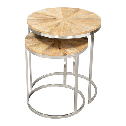 Set of Two Natural And Silver Solid Wood And Iron Round Frame Nested Tables
