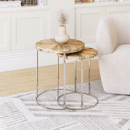 Set of Two Natural And Silver Solid Wood And Iron Round Frame Nested Tables
