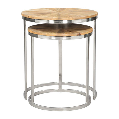 Set of Two Natural And Silver Solid Wood And Iron Round Frame Nested Tables