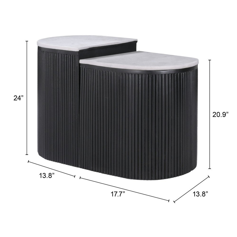Set of Two Black And White Solid Wood And Marble Oval Block End Tables