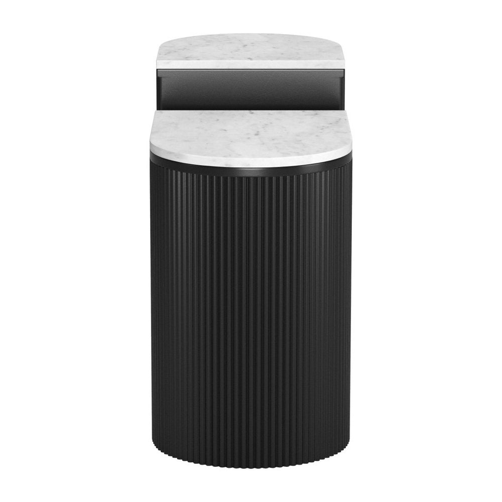Set of Two Black And White Solid Wood And Marble Oval Block End Tables