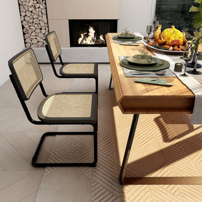Set of Two Black and Natural Steel Open Back Dining Side Chairs