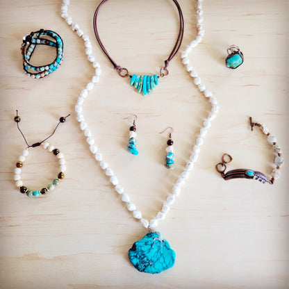 Long White Turquoise Beaded Necklace w/ Genuine Regalite Pendant 263c