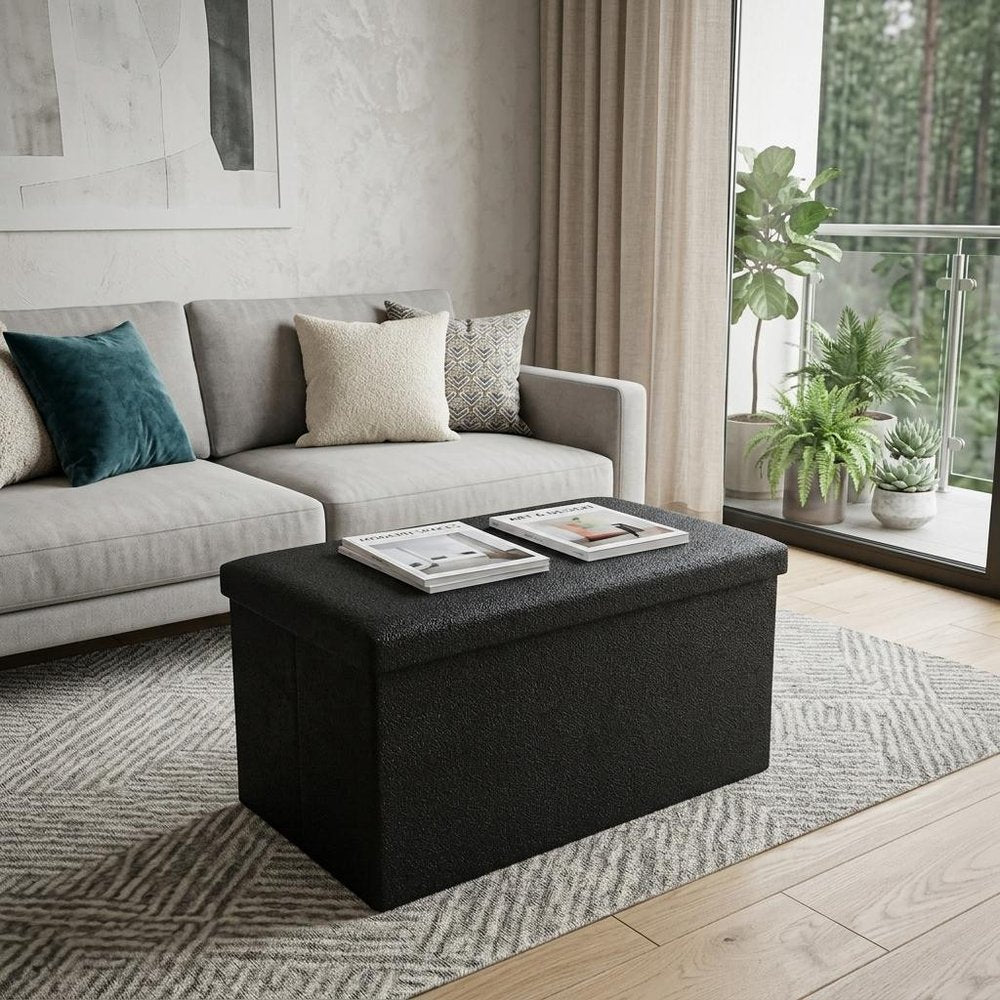 30" Black Boucle Storage Ottoman