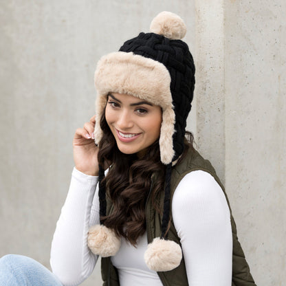 Cable Weave Pom Trapper Hat