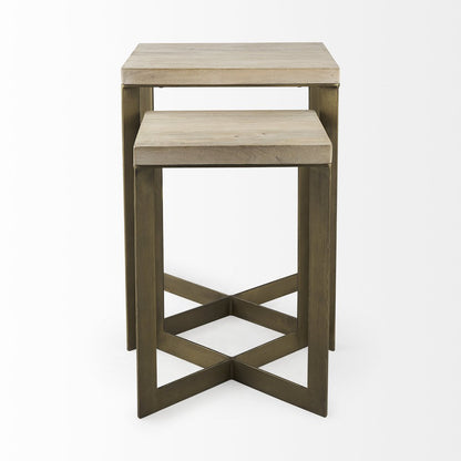 Set of Two Natural and Gold Solid Wood and Metal Square Cross Legs Nested Tables