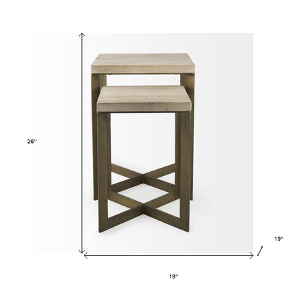 Set of Two Natural and Gold Solid Wood and Metal Square Cross Legs Nested Tables