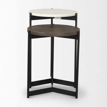 Set of Two Dark Brown and Black Marble Solid Wood and Metal Round Nested Tables