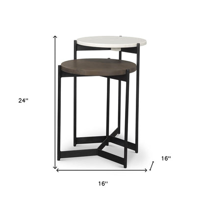 Set of Two Dark Brown and Black Marble Solid Wood and Metal Round Nested Tables