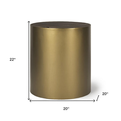 22" Antiqued Gold And Brown Metal And Solid Wood Drum End Table With Storage