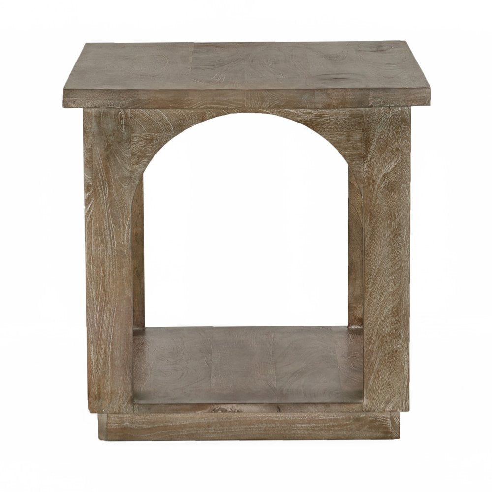24" Brown Distressed Solid Wood Square Floor Shelf End Table
