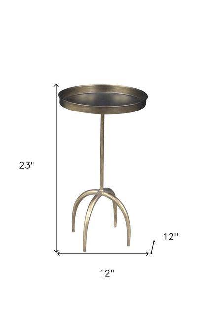 23" Brass Distressed Iron Round Pedestal Tray Top End Table