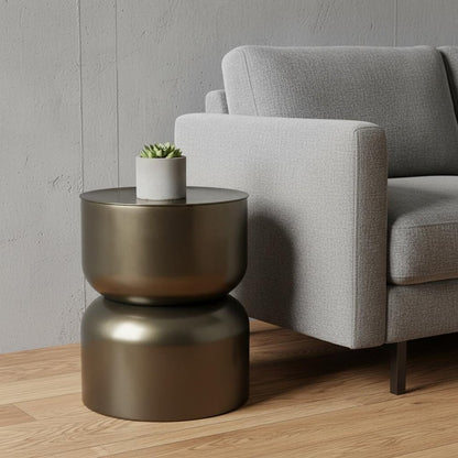 20" Antiqued Gold Iron Round Cinched Drum End Table