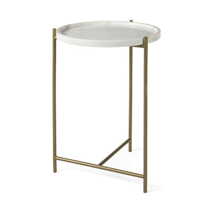 23" White and Gold Marble and Iron Round End Table