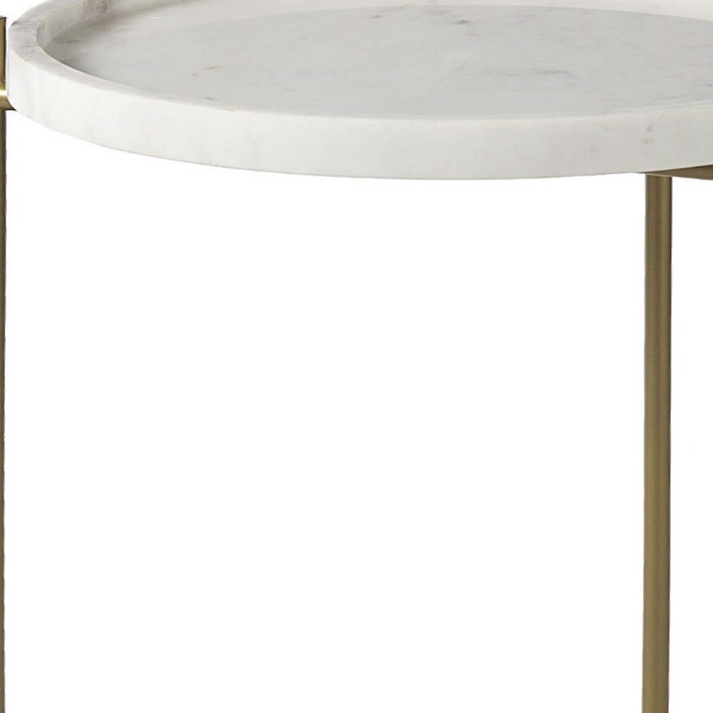 23" White and Gold Marble and Iron Round End Table