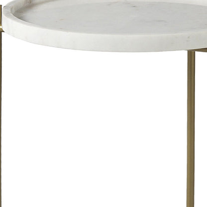 23" White and Gold Marble and Iron Round End Table