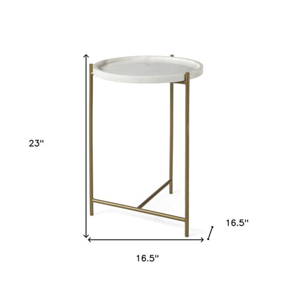 23" White and Gold Marble and Iron Round End Table