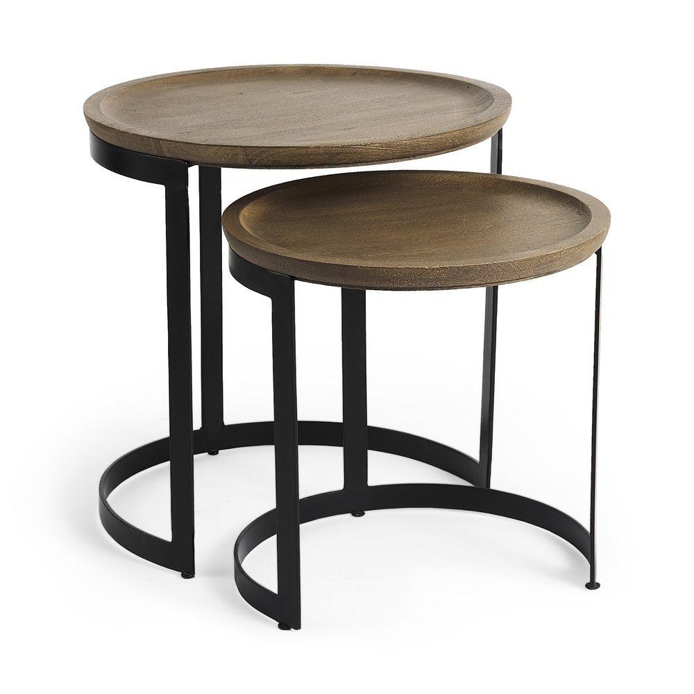 Set of Two Brown and Black Solid Wood and Iron Round Nested Tables