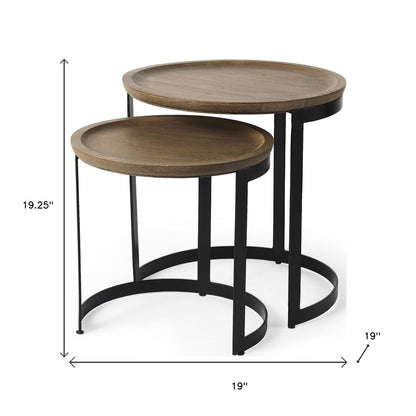 Set of Two Brown and Black Solid Wood and Iron Round Nested Tables