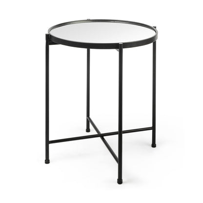 24" Silver and Black Mirrored Glass and Iron Round End Table