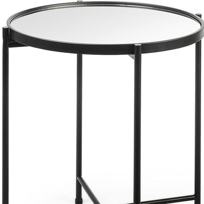 24" Silver and Black Mirrored Glass and Iron Round End Table
