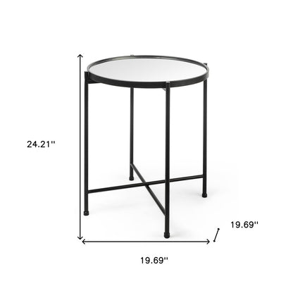 24" Silver and Black Mirrored Glass and Iron Round End Table