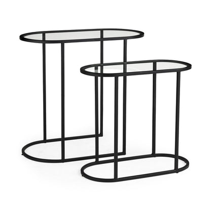 Set of Two 13" Clear and Black Glass and Metal Tray Tables