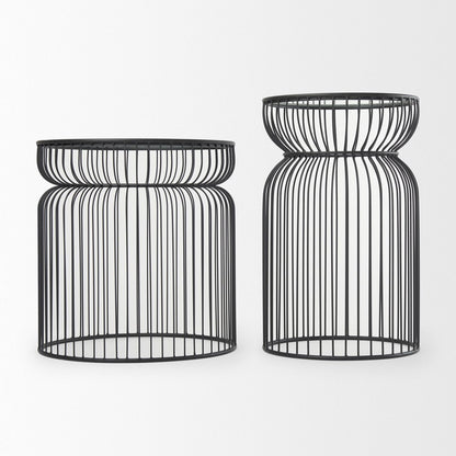Set of Two Clear and Black Tempered Glass and Metal Wire Round Drum End Tables
