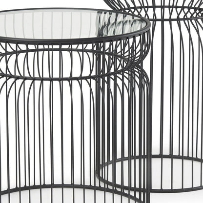 Set of Two Clear and Black Tempered Glass and Metal Wire Round Drum End Tables